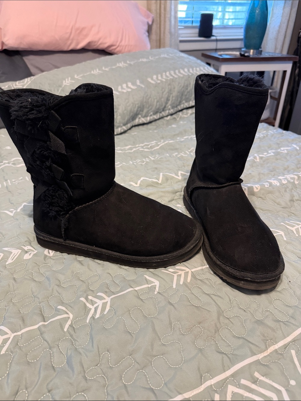 Black Faux-Suede Women's Winter Boots with Pom Trim